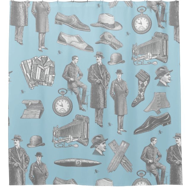 victorian men's style antique menswear toile blue shower curtain (Front)