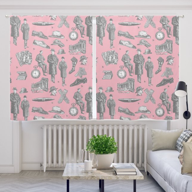 victorian men's style antique menswear toile pink blackout curtains (Living Room)