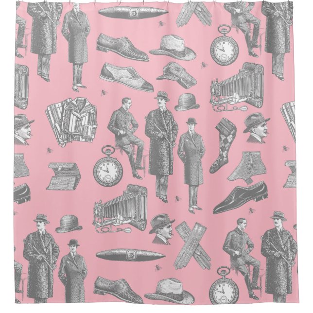 victorian men's style antique menswear toile pink shower curtain (Front)