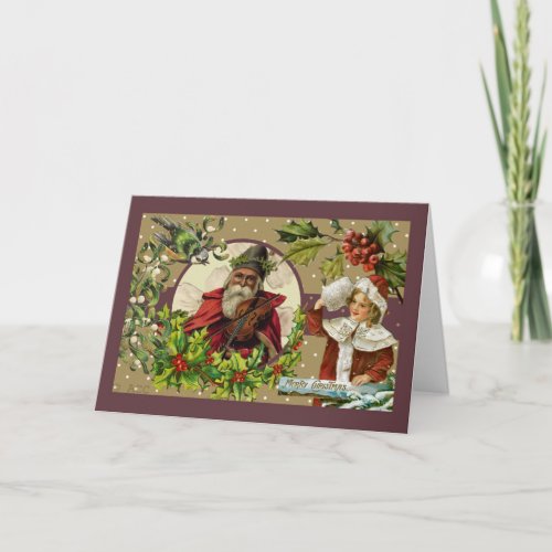 Victorian Merry Christmas Santa Girl Bird Holiday Card