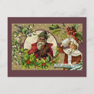 Victorian Merry Christmas Santa Girl Bird Holiday Postcard