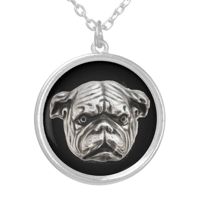 VICTORIAN MINIATURE DOG PORTRAITS English Bulldog Silver Plated Necklace (Front)