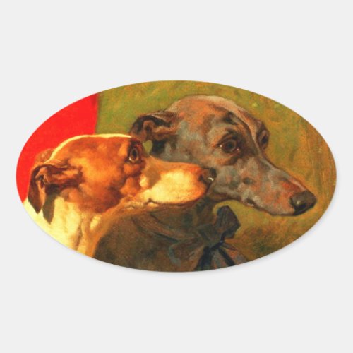 VICTORIAN MINIATURE DOG PORTRAITS Greyhounds Oval Sticker