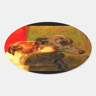 VICTORIAN MINIATURE DOG PORTRAITS Greyhounds Oval Sticker