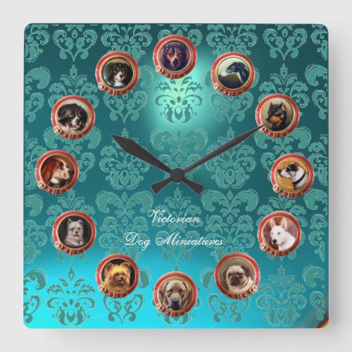 VICTORIAN MINIATURE DOG PORTRAITS Teal Blue Damask Square Wall Clock