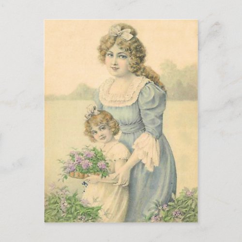 Victorian Mom Daughter Picking Flowers MothersDay Postcard