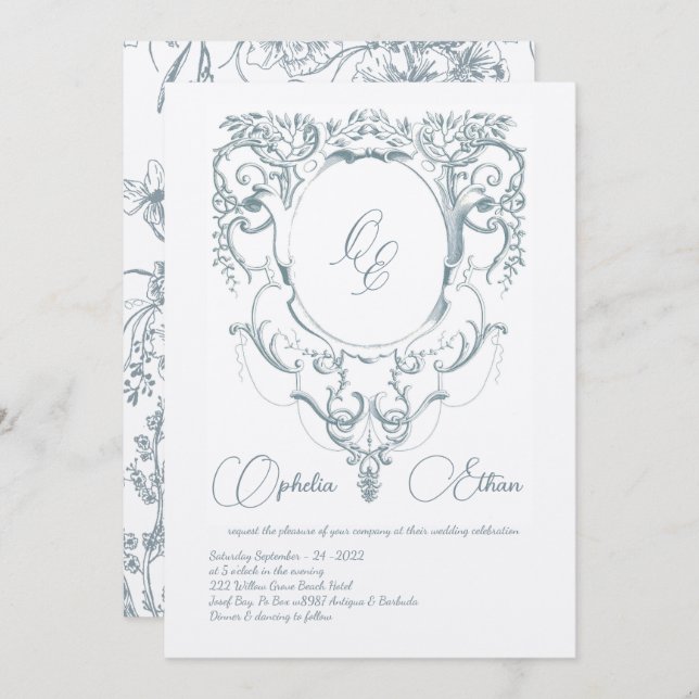 Victorian Monogram Baroque crest wedding Invitation (Front/Back)