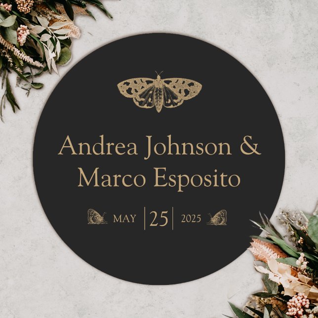 Victorian Moth Elegant Gothic Wedding Favor Classic Round Sticker (Gothic moth wedding sticker)