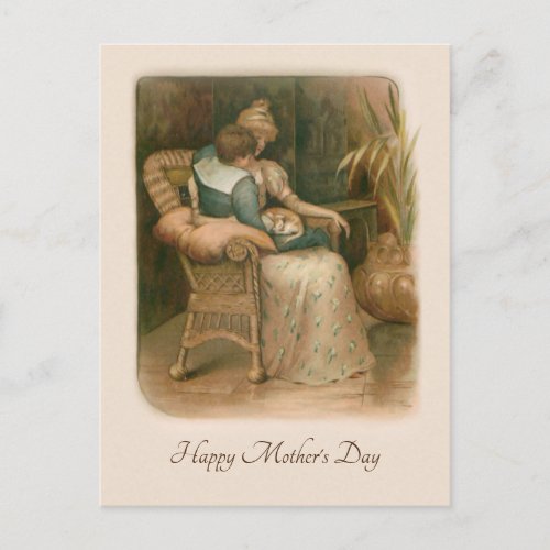 Victorian Mother and Son in Chair Holiday Postcard