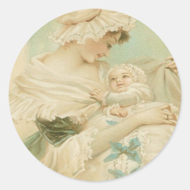 Victorian Mother Holding Child Mother's Day Card Classic Round Sticker (Front)