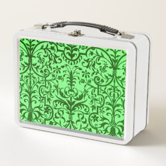 Victorian motif in green metal lunch box