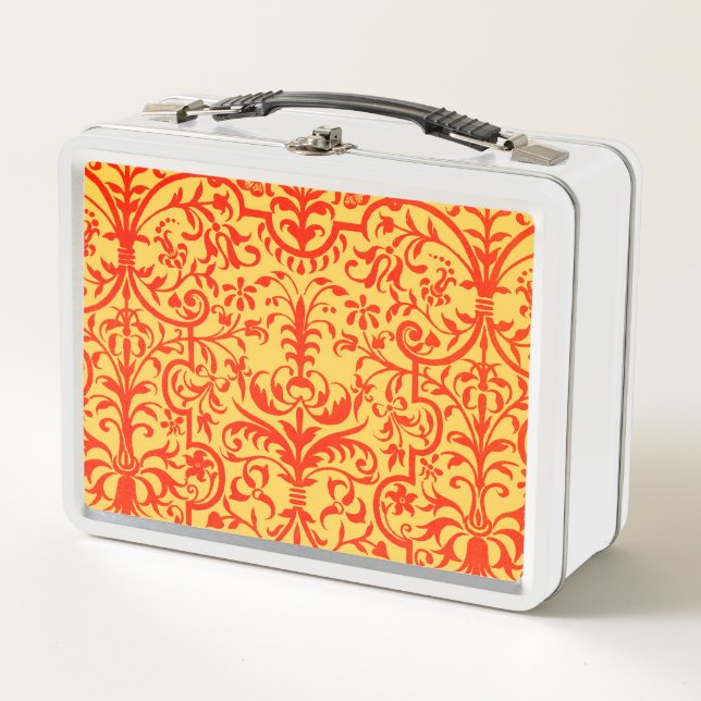 Victorian motif in orange metal lunch box (Front)