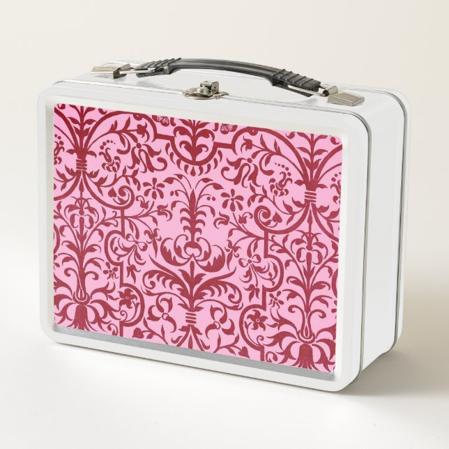 Victorian motif in pink metal lunch box (Front)