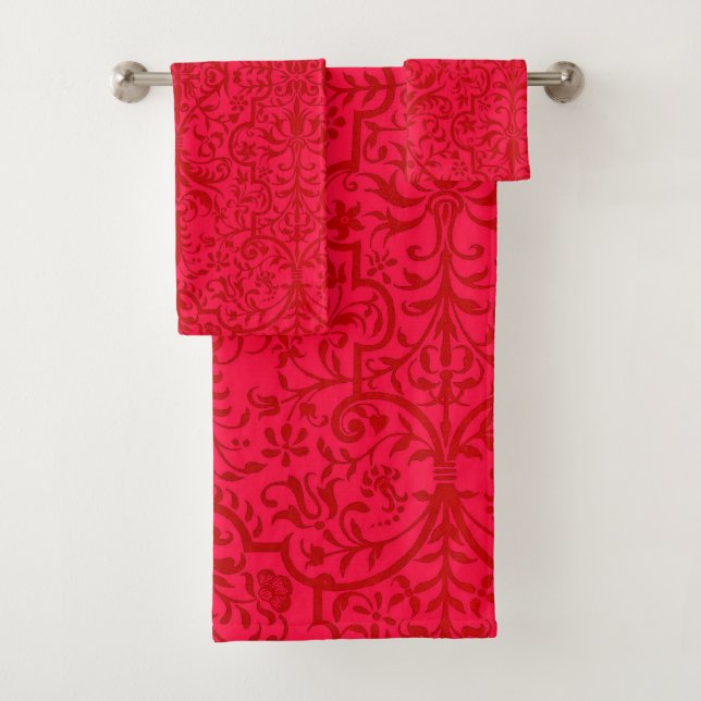 Victorian motif in red bath towel set (Insitu)