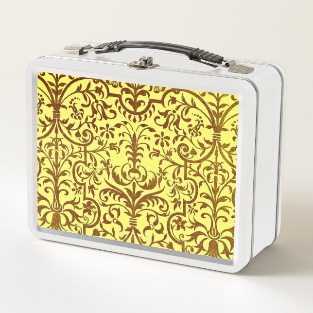 Victorian motif in yellow metal lunch box (Front)