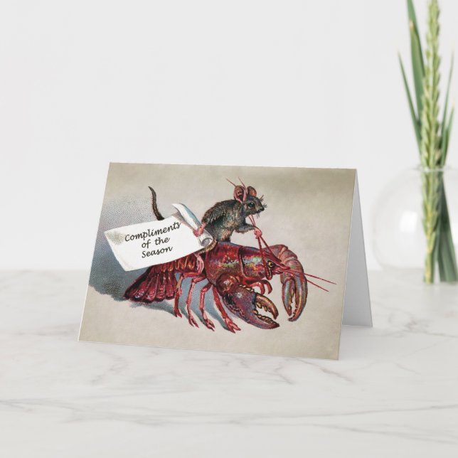 Victorian Mouse Riding a Lobster Holiday Card (Front)
