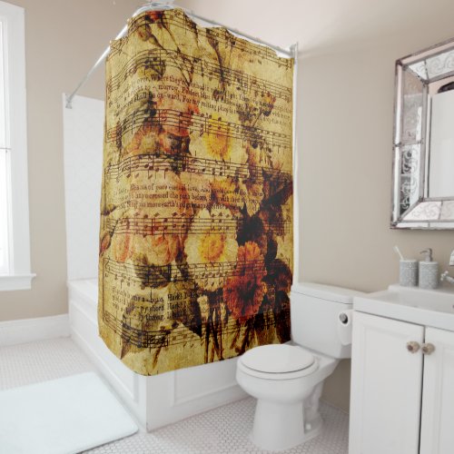 Victorian Music Sheet Watercolor Flower Wallpaper Shower Curtain