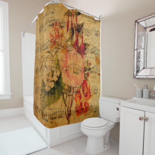 Victorian Music Sheet Watercolor Flower Wallpaper Shower Curtain