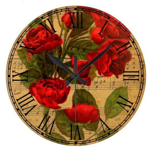 Victorian Music Sheet Watercolor Rose Wallpaper Large Clock