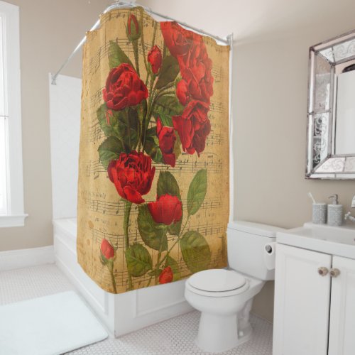 Victorian Music Sheet Watercolor Rose Wallpaper Shower Curtain