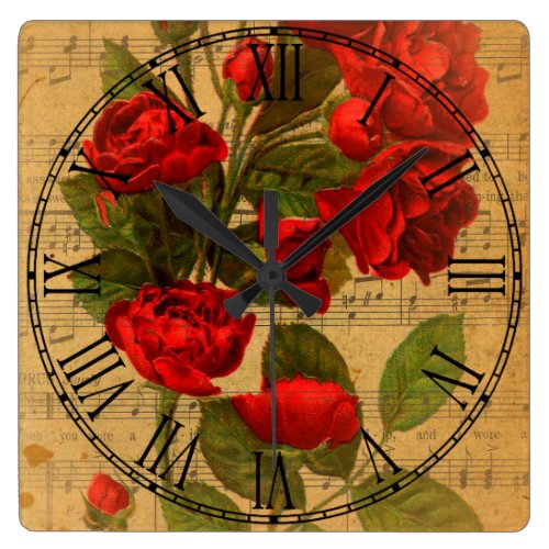Victorian Music Sheet Watercolor Rose Wallpaper Square Wall Clock