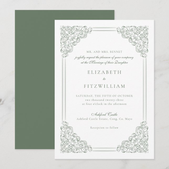 Victorian Muted Green Vintage Frame Wedding    Invitation (Front/Back)