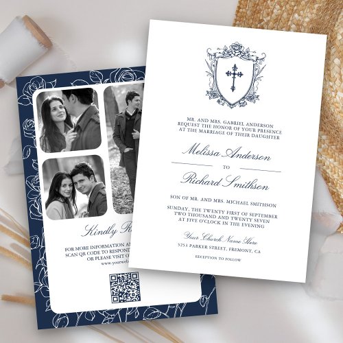 Victorian Navy Blue Catholic QR Code Wedding Invitation