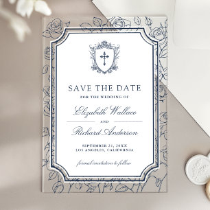 Victorian Navy Blue Catholic Wedding Save the Date