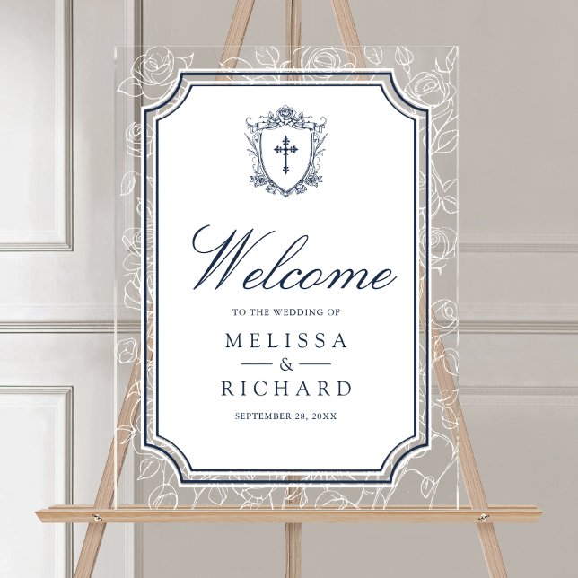 Victorian Navy Blue Catholic Wedding Welcome Acrylic Sign (Creator Uploaded)