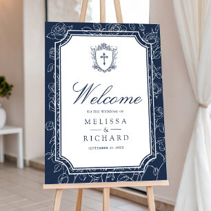 Victorian Navy Blue Catholic Wedding Welcome Sign