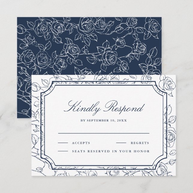 Victorian Navy Blue Floral Line Art Wedding RSVP Card (Front/Back)