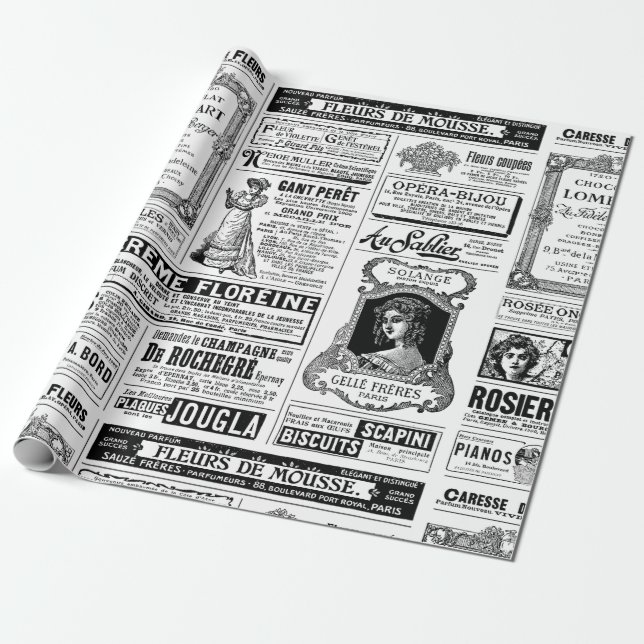 victorian newspaper antique french black white  wrapping paper (Unrolled)