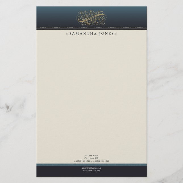 Victorian Ocean Blue Customized Stationery (Front)