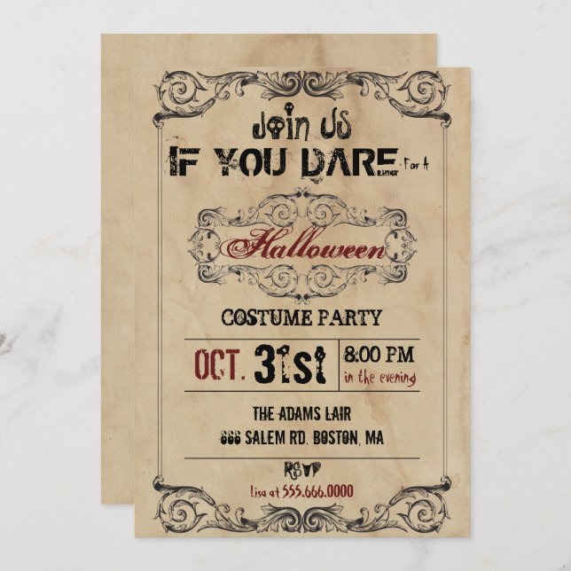 Victorian Old Paper Halloween Party Invitation (Front/Back)