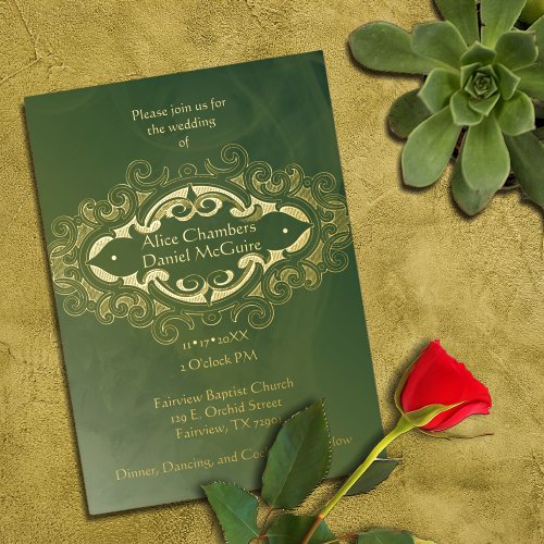 Victorian Olive Green and Gold Foil Accent Wedding Foil Invitation