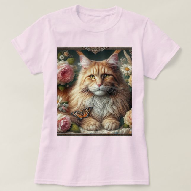 Victorian Orange Maine Coon Cat with Pink Roses  T-Shirt (Design Front)