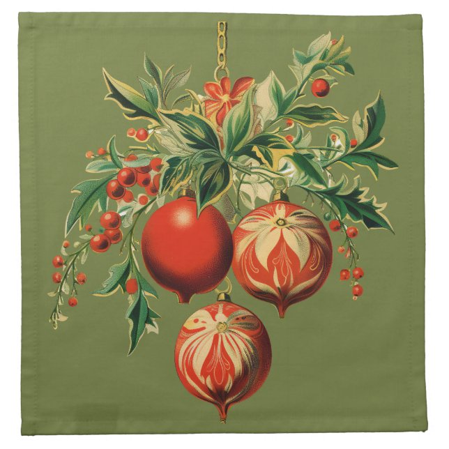 Victorian Ornament bundle, poinsettias, holly  Cloth Napkin (Front)
