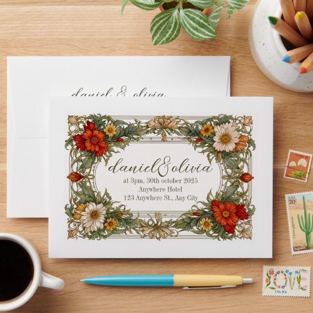 Victorian Ornate Border with Wildflower Wedding Envelope (Desk)