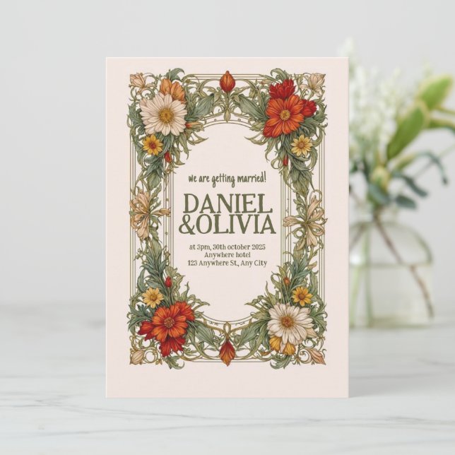 Victorian Ornate Border with Wildflower Wedding Invitation (Standing Front)