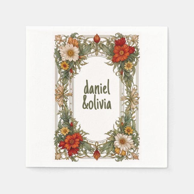 Victorian Ornate Border with Wildflower Wedding Napkins (Front)