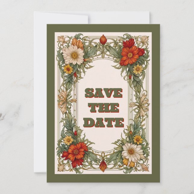 Victorian Ornate Border with Wildflower Wedding Save The Date (Front)