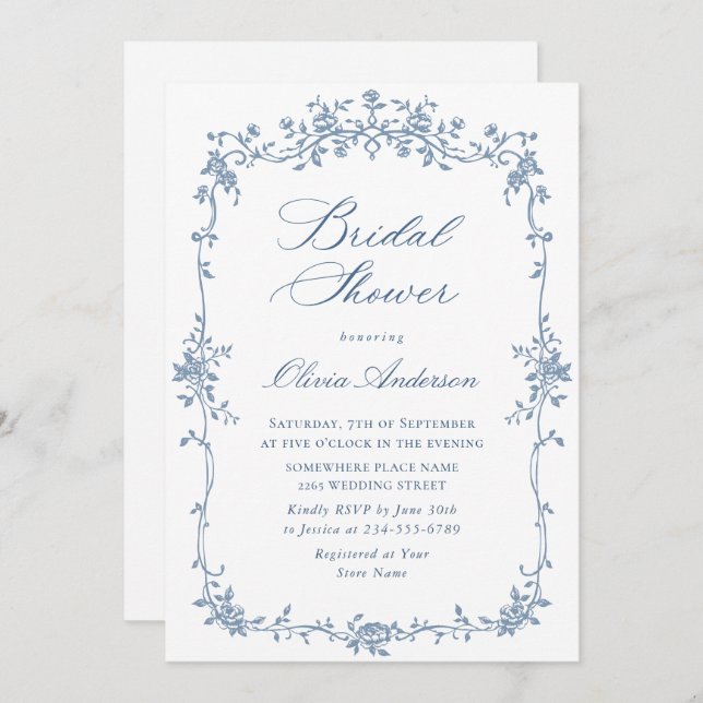 Victorian Ornate Dusty Blue Bridal Shower QR code Invitation (Front/Back)