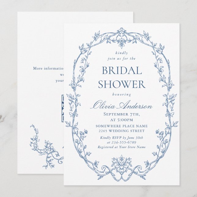Victorian Ornate Dusty Blue Bridal Shower QR code Invitation (Front/Back)