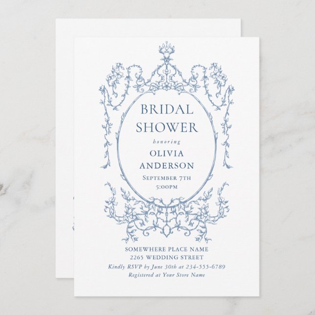 Victorian Ornate Dusty Blue Bridal Shower QR code Invitation (Front/Back)