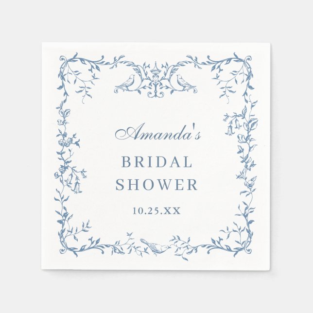 Victorian Ornate Dusty Blue Floral Bridal Shower Napkins (Front)