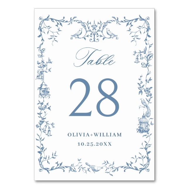 Victorian Ornate Dusty Blue Floral Wedding Table Number (Front)