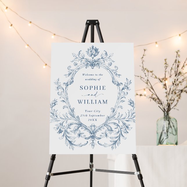 Victorian Ornate Dusty Blue Wedding WELCOME Foam Board (In Situ (Stand))