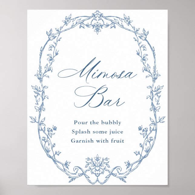 Victorian Ornate Floral Dusty Blue Mimosa Bar Sign (Front)