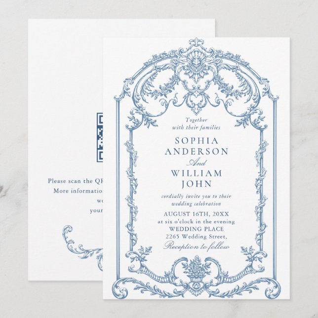 Victorian Ornate Floral Dusty Blue QR code Wedding Invitation (Front/Back)