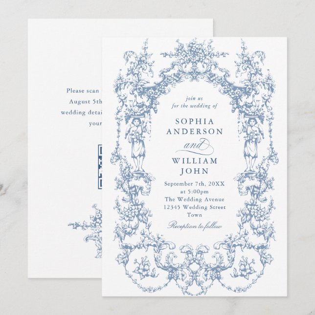 Victorian Ornate Floral Dusty Blue QR code Wedding Invitation (Front/Back)